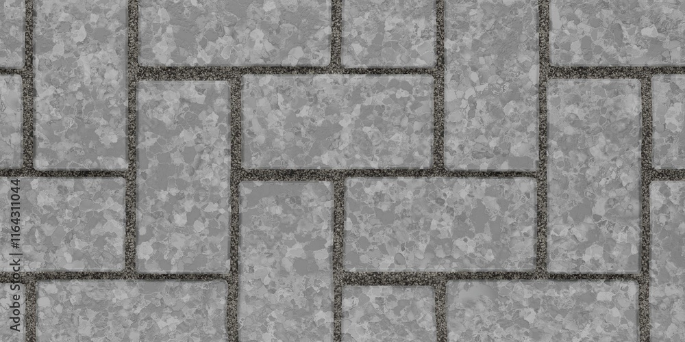 Cobblestone pattern consisting of rectangular gray stones with a texture resembling marble. The stones are arranged in a staggered order, creating a regular and symmetrical pattern. Cobblestone pattern consisting of rectangular gray stones with a texture resembling marble. The stones are arranged in a staggered order, creating a regular and symmetrical pattern.