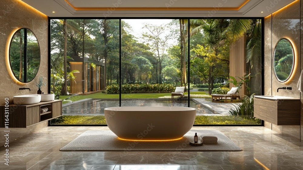 Fototapeta premium Elegant bathroom with a serene outdoor view.