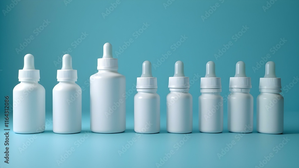 A group of white dropper bottles stands in a row against a light blue background. A group of white dropper bottles stands in a row against a light blue background.