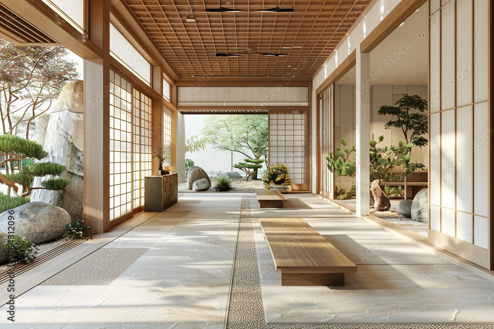Obraz premium modern conceptual Luxury Traditional Japanese-style dining luxury Foyer/Entryway with natural wood and stone materials contemporary bright stylish interior