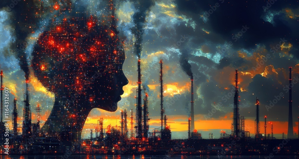Obraz premium A woman's silhouette filled with stars against a sunset skyline of industrial smokestacks.
