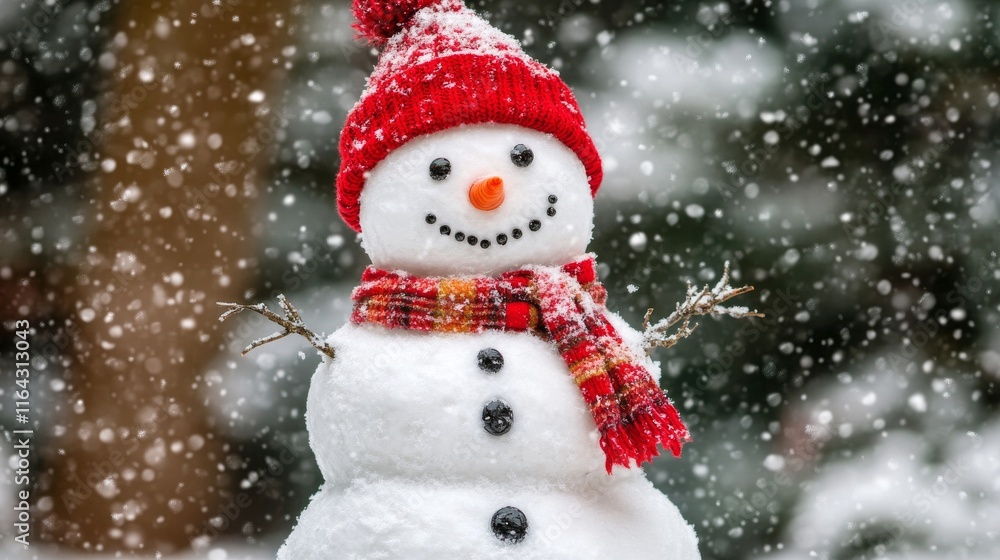 A cheerful snowman, adorned with a red knitted hat and a matching scarf, smiles amidst swirling snowflakes in a serene winter landscape. Evergreen trees provide a beautiful backdrop A cheerful snowman, adorned with a red knitted hat and a matching scarf, smiles amidst swirling snowflakes in a serene winter landscape. Evergreen trees provide a beautiful backdrop