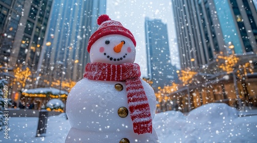 A cheerful snowman wearing a red and white scarf stands in a bustling city surrounded by snow-covered streets and glowing holiday lights. Flurries add to the festive vibe
