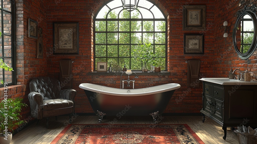 Fototapeta premium Elegant bathroom with vintage decor and natural light.