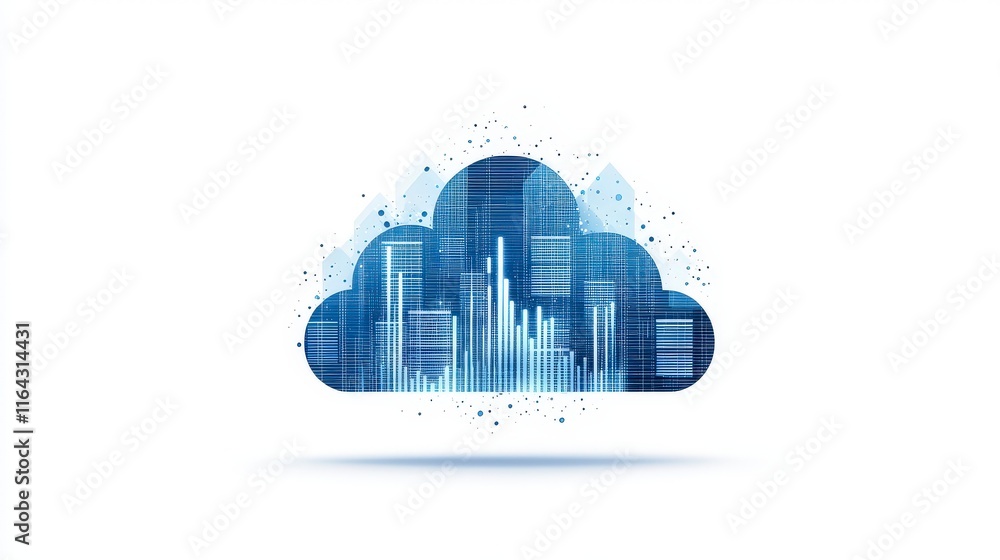 A digital cloud representing data storage and innovation, integrated with modern architecture visuals in a futuristic style.