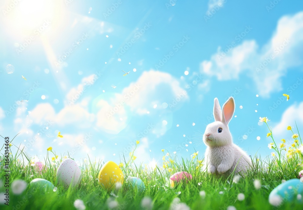 Fototapeta premium Cute white bunny sitting in a vibrant green meadow filled with colorful Easter eggs under a bright blue sky with fluffy clouds and sunlight shining down