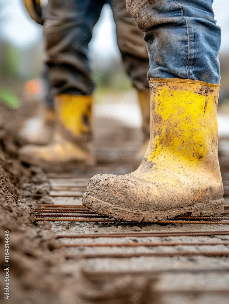 A close-up of muddy yellow rubber boots stepping on a dirt path, showcasing the hard work involved in construction or outdoor labor. A close-up of muddy yellow rubber boots stepping on a dirt path, showcasing the hard work involved in construction or outdoor labor.