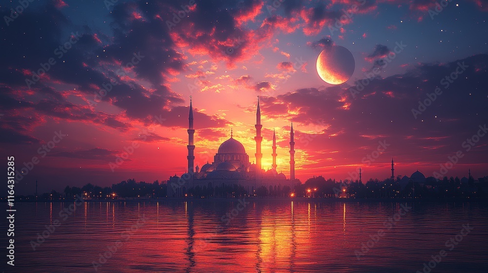 Naklejka premium Mosque silhouette at sunset with a half-moon, reflected in calm water.