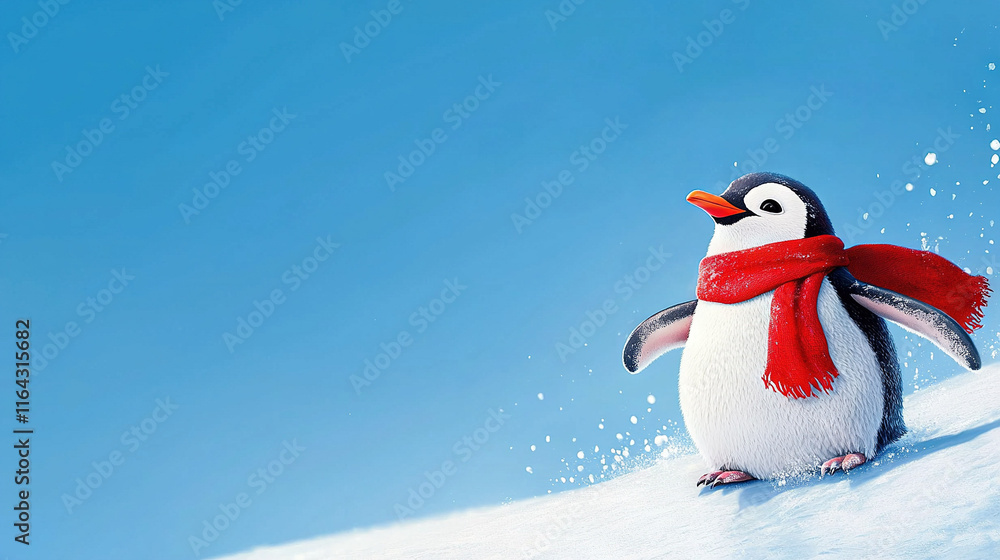 Obraz premium Penguin with red scarf stands in snow against blue sky, snowball in fg
