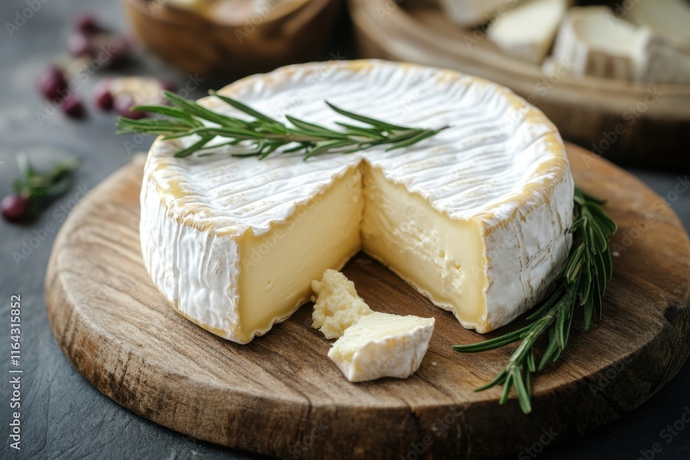 Delicious soft cheese with rosemary on a wooden board ready for serving at a gourmet gathering Delicious soft cheese with rosemary on a wooden board ready for serving at a gourmet gathering