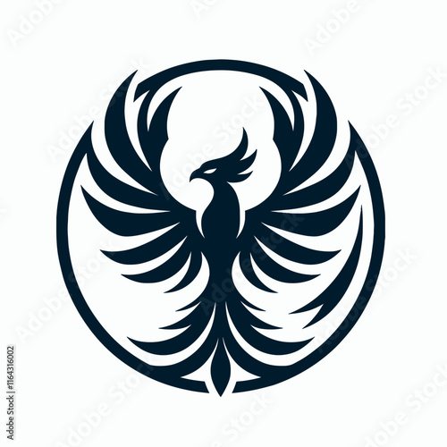 Black phoenix silhouette in circular design on white background