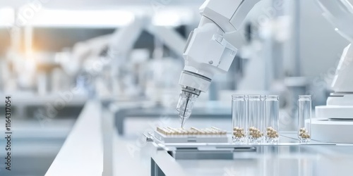 Robot in pharmaceutical laboratory pills and capsules, automation technology for drug production Pharmaceutical manufacturing robotics and automation to create medicine, capsules innovation.
