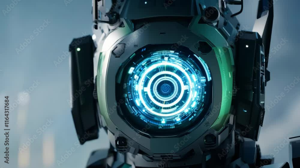 Close-up of a futuristic robot with glowing blue eyes and metallic features. Technology and AI concept. Close-up of a futuristic robot with glowing blue eyes and metallic features. Technology and AI concept.