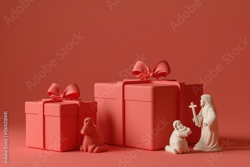 Wallpaper Mural Nativity scene with figurines representing the birth of Jesus, 3d illustration of two light red gift boxes with bows and ribbons, isolated on light red background Torontodigital.ca