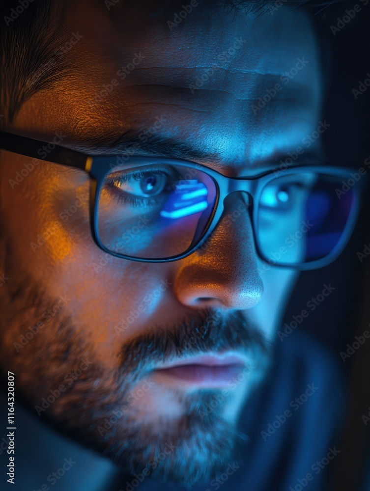 Close up view of focused businessman wears computer glasses for reducing eye strain blurred vision looking at pc screen with computer reflection using internet, reading, watching, working online late Close up view of focused businessman wears computer glasses for reducing eye strain blurred vision looking at pc screen with computer reflection using internet, reading, watching, working online late