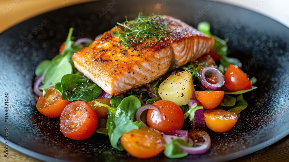 A black plate with a piece of salmon and a salad A black plate with a piece of salmon and a salad