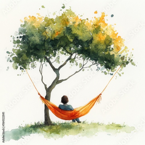 Relaxing in a Hammock Under a Lush Tree in Soft Watercolor Style