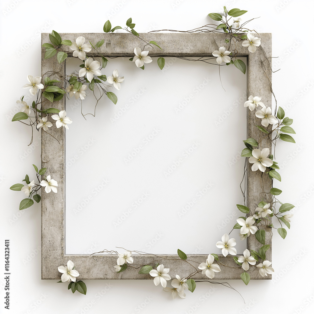 3D render of a square concrete frame with white flowers growing on the wall, against a white background, high-resolution photography. 3D render of a square concrete frame with white flowers growing on the wall, against a white background, high-resolution photography.