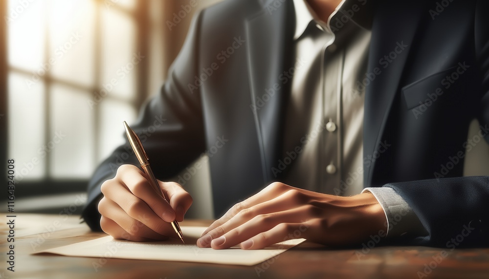 Close-up view of an executive signing documents, in a Generative AI Illustration. Close-up view of an executive signing documents, in a Generative AI Illustration.
