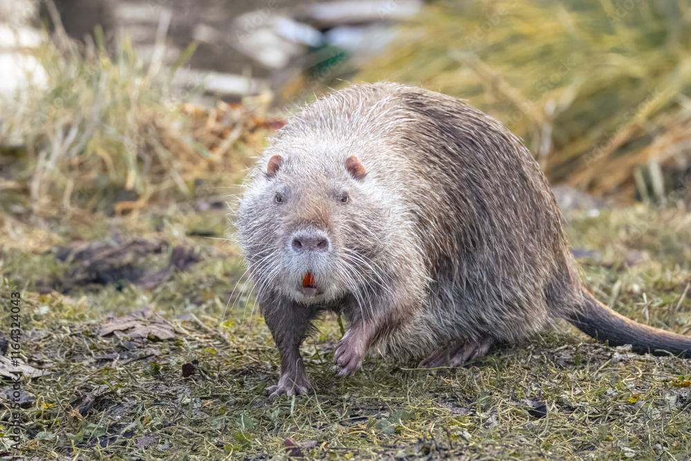 Obraz premium On a sunny autumn day, an adult grey nutria is walking right toward the camera lens on pale green grass.
