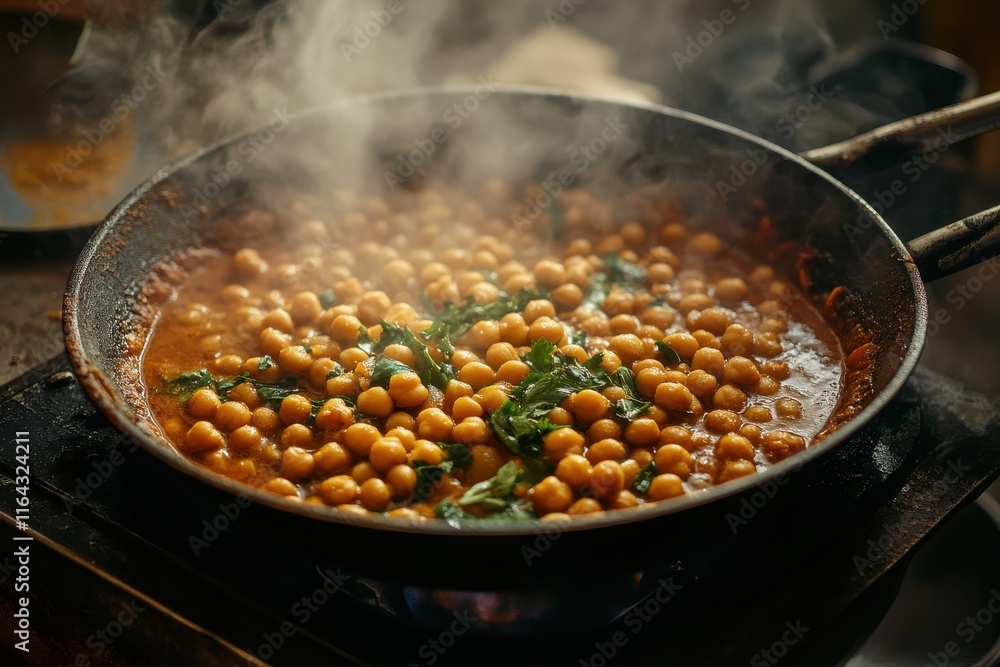 A close-up of a simmering pan of chickpeas, rich in spices and garnished with fresh herbs, creating an inviting aroma. A close-up of a simmering pan of chickpeas, rich in spices and garnished with fresh herbs, creating an inviting aroma.