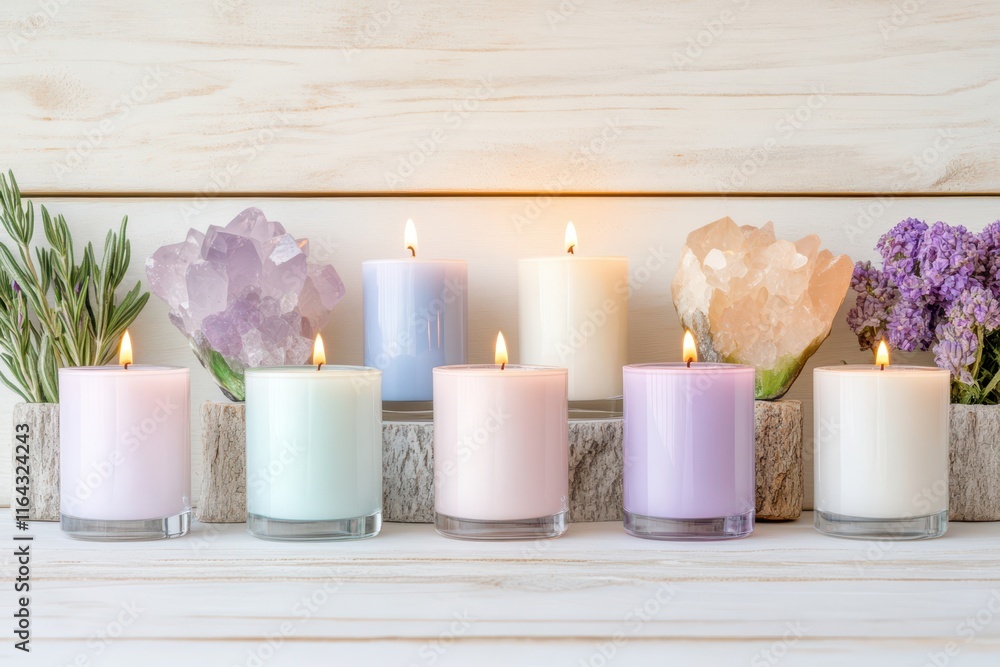 Aroma candles and chakra crystals arranged on a serene altar for alternative healing practices Aroma candles and chakra crystals arranged on a serene altar for alternative healing practices