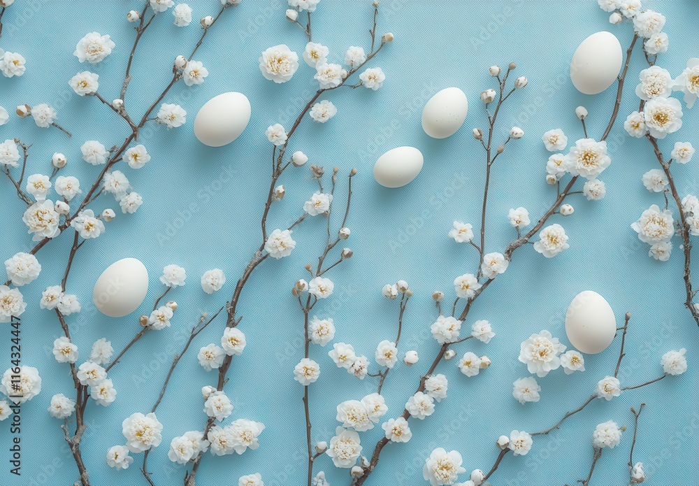 Elegant Arrangement of White Eggs and Cherry Blossom Branches on a Light Blue Background for Spring and Easter Celebrations Elegant Arrangement of White Eggs and Cherry Blossom Branches on a Light Blue Background for Spring and Easter Celebrations