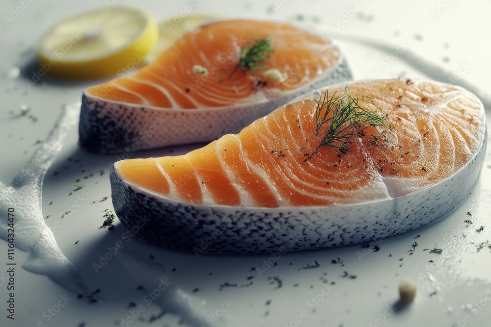 Fresh salmon fillets with lemon slices and herbs, arranged elegantly for a gourmet meal. Fresh salmon fillets with lemon slices and herbs, arranged elegantly for a gourmet meal.