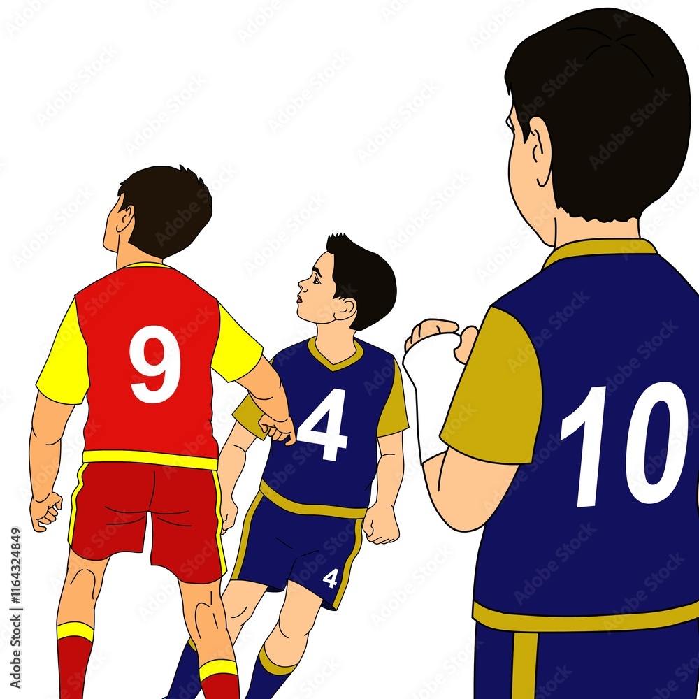 Three boys wearing soccer uniforms with numbers 9, 4, and 10 are shown facing away, seemingly focused on a game. Three boys wearing soccer uniforms with numbers 9, 4, and 10 are shown facing away, seemingly focused on a game.