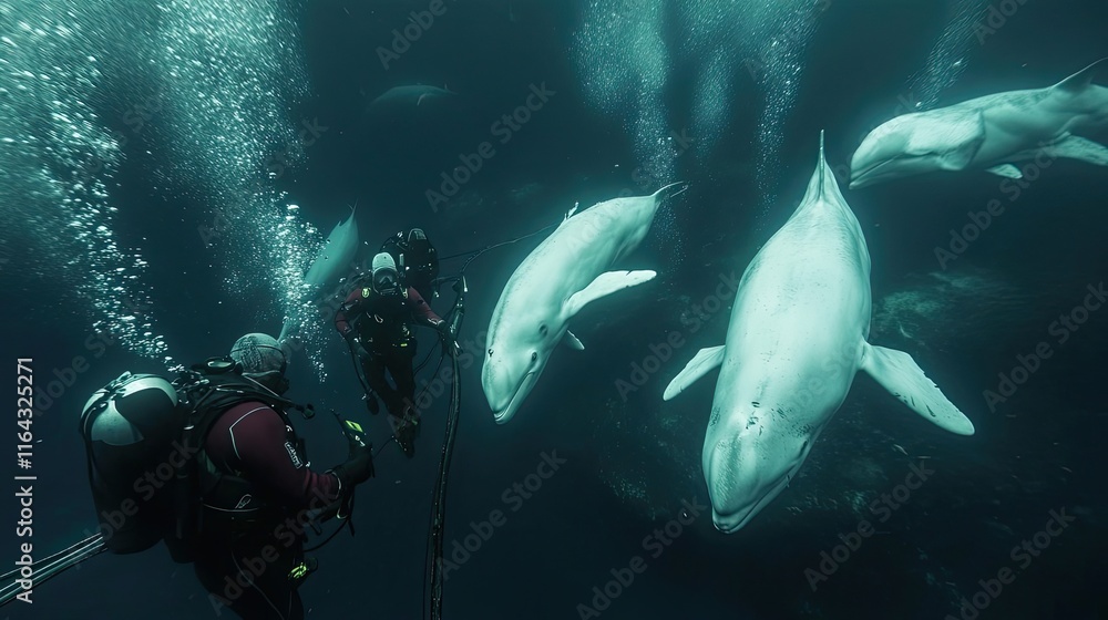 Fototapeta premium Divers Encountering Majestic White Whales Underwater