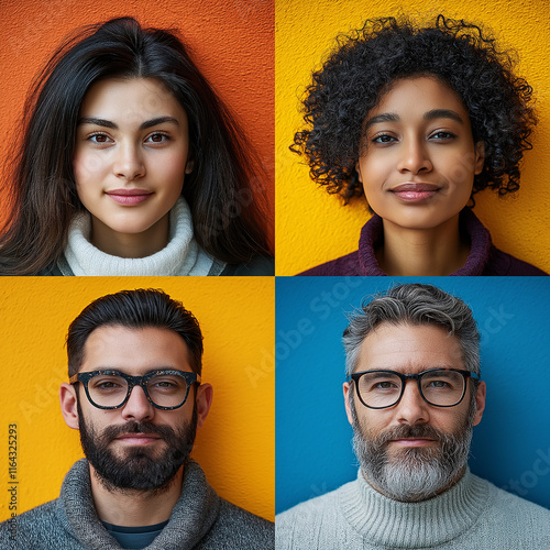 4 grid portrait photos of people of different races, ages, different color backgrounds