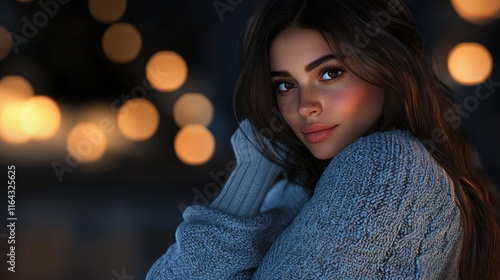 Wallpaper Mural A Captivating Gaze:  A Portrait of a Woman in a Cozy Sweater, Illuminated by Warm Bokeh Lights Torontodigital.ca