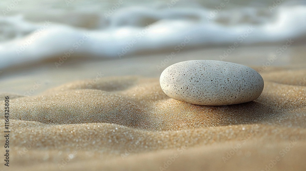 A white rock perches atop a sandy seashore, beside the ocean as waves crash upon the shore A white rock perches atop a sandy seashore, beside the ocean as waves crash upon the shore