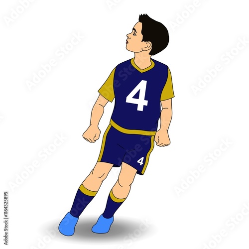 A young soccer player in a blue and yellow uniform with the number 4 stands in a dynamic pose. They appear to be looking upwards, possibly tracking the ball during a game. photo