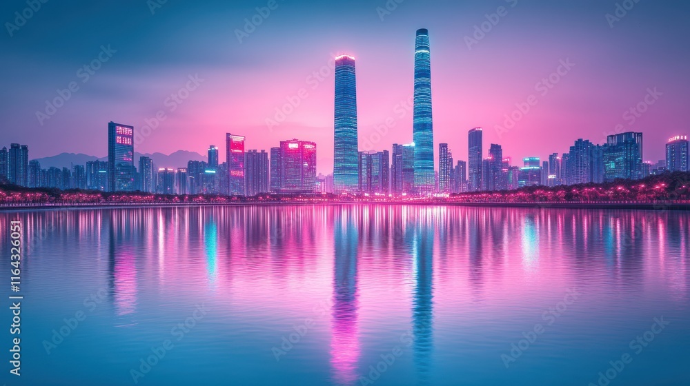 Fototapeta premium Vibrant city skyline reflecting on water at dusk.