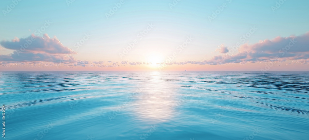 Fototapeta premium Beautiful sea horizon at dusk, calm water and clear sky, summer vacation background, panoramic view. The vast ocean is bathed in the soft glow of twilight as it meets the distant horizon.