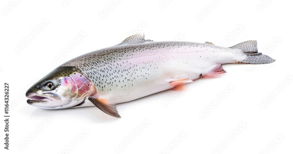 A fresh rainbow trout displayed on a white background, ready for culinary use. A fresh rainbow trout displayed on a white background, ready for culinary use.