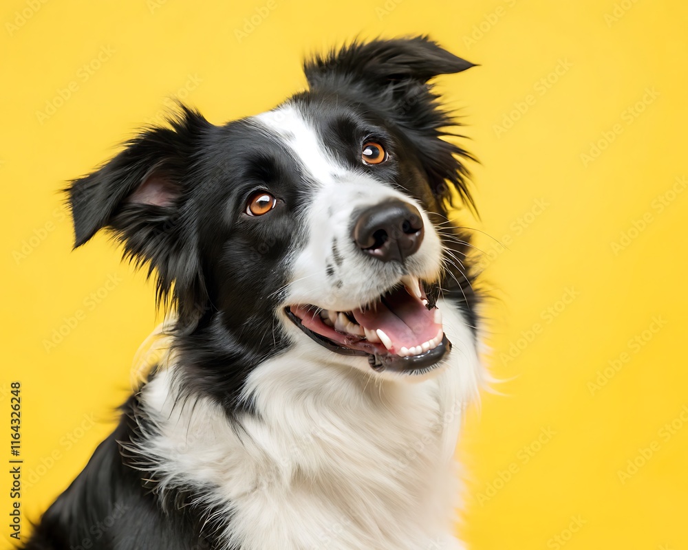 Close-up portrait of a happy Border Collie on a yellow background, perfect for pet shop ads and animal care promotions. Close-up portrait of a happy Border Collie on a yellow background, perfect for pet shop ads and animal care promotions.