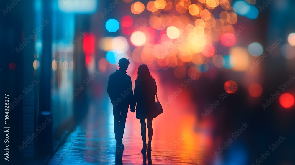 Romantic Couple Silhouette on Dreamy City Street at Night Romantic Couple Silhouette on Dreamy City Street at Night