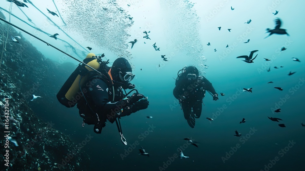 Two Scuba Divers Explore Underwater With Birds Two Scuba Divers Explore Underwater With Birds