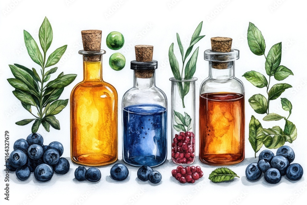 A collection of glass bottles filled with vibrant drinks A collection of glass bottles filled with vibrant drinks