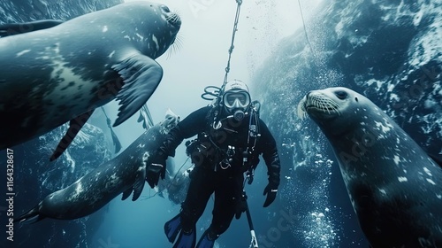 Diver Encounters Leopard Seals Underwater Antarctic Ocean photo