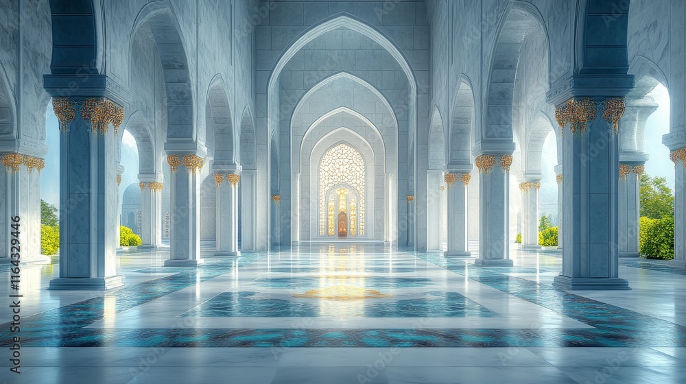 Obraz premium Serene mosque interior with marble floors, arched hallways, and ornate pillars, bathed in soft sunlight.