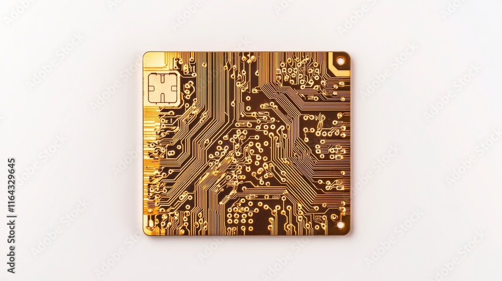 Close-up of a golden circuit board showcasing intricate details and design, perfect for technology-related projects. Close-up of a golden circuit board showcasing intricate details and design, perfect for technology-related projects.