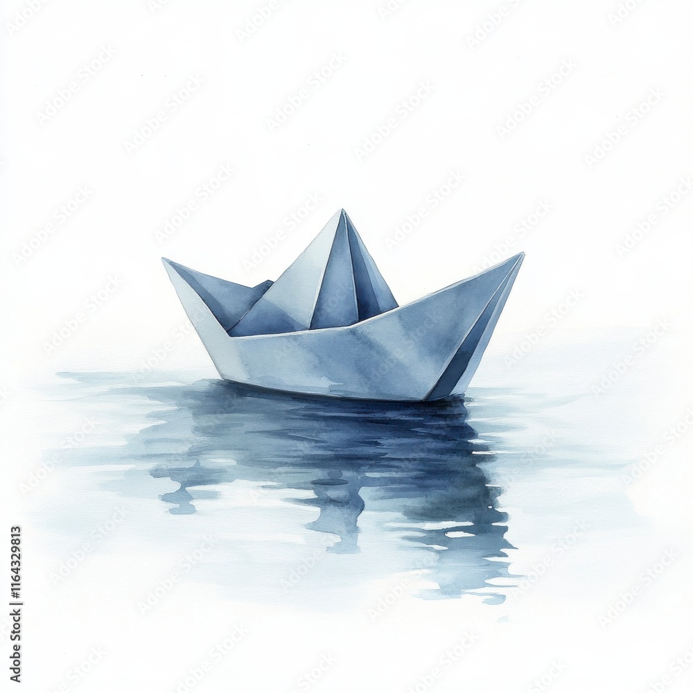 Blue Paper Boat Floating on Calm Water in Soft Pastel Style Blue Paper Boat Floating on Calm Water in Soft Pastel Style