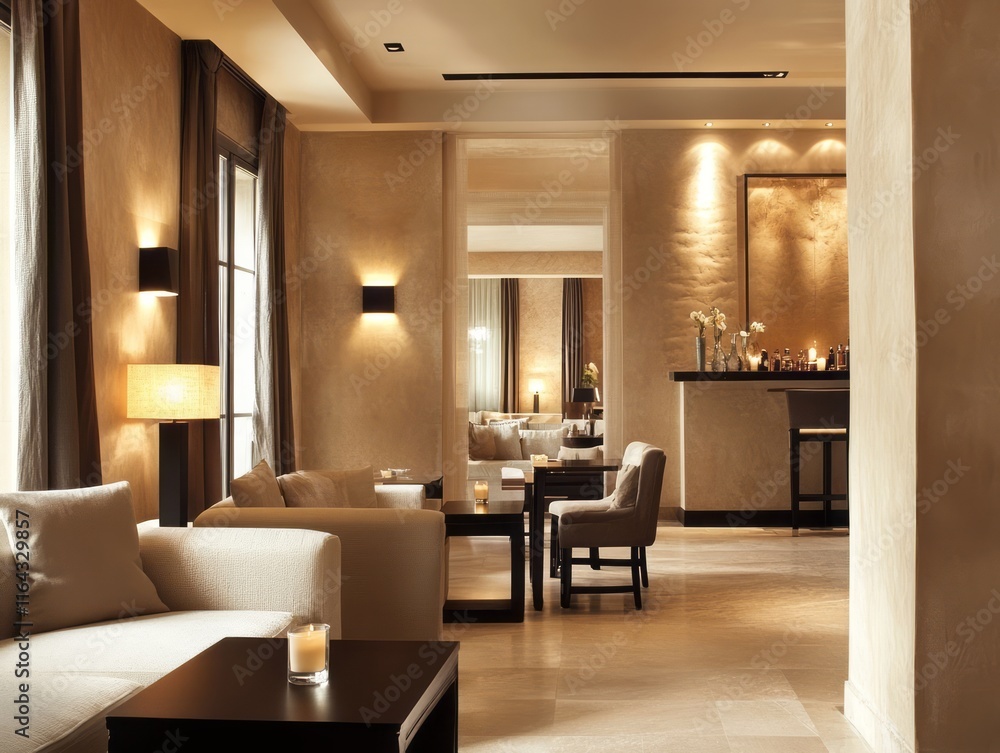 Fototapeta premium Elegant Lounge Area With Modern Furniture And Warm Lighting