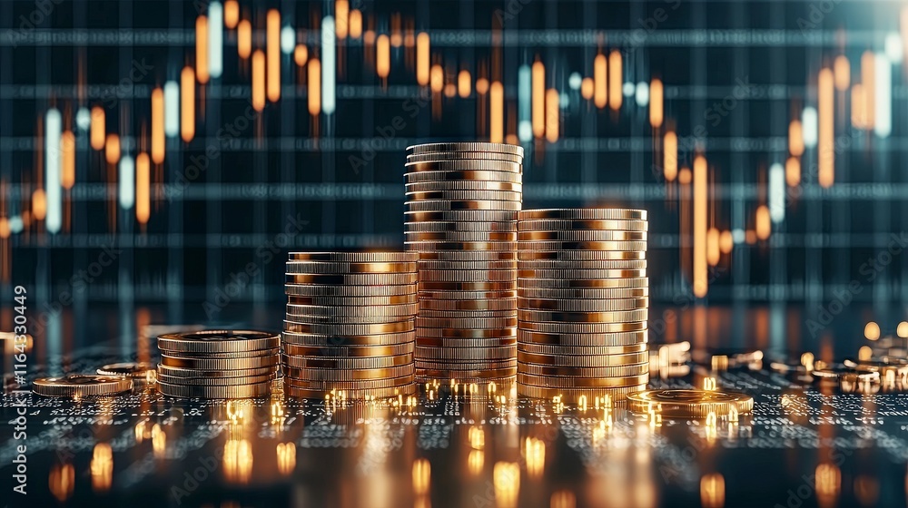 Close-up of gold coins stacked on a financial chart background, representing wealth, investment, and economic growth. Close-up of gold coins stacked on a financial chart background, representing wealth, investment, and economic growth.