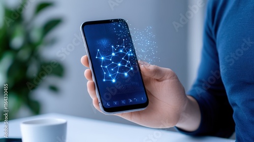 Wallpaper Mural Connected World:  A hand holds a smartphone displaying a futuristic, glowing network of interconnected dots, symbolizing the interconnectedness of modern life and the power of digital communication. Torontodigital.ca