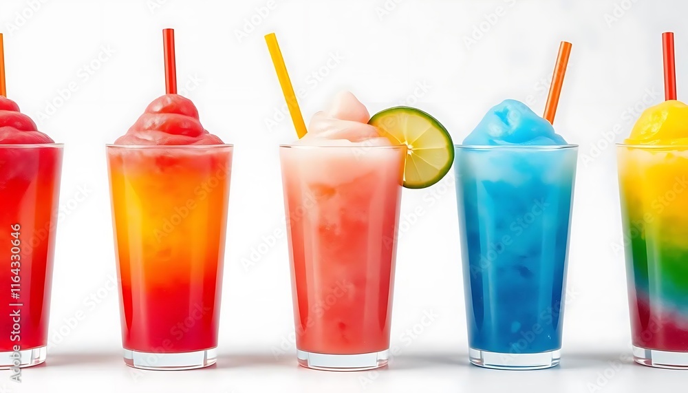 cups with rainbow colored slush ice drinks, row on white background cups with rainbow colored slush ice drinks, row on white background