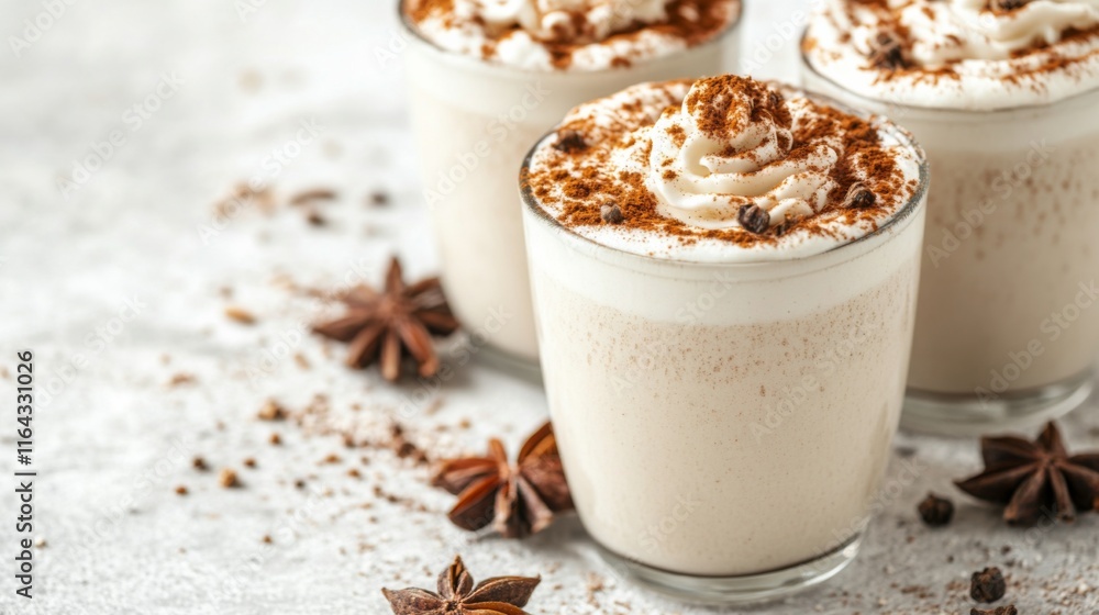 Delightful Hot Drinks in Glasses with Cream and Spice Delightful Hot Drinks in Glasses with Cream and Spice